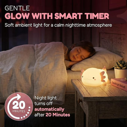 Cute Axolotl Night Light for Kids, Silicone Baby Nursery Night Light, Rechargeable Touch Lamp with Timer & Dimmable Warm Light for Bedroom Decor, Cute Animal Lamp
