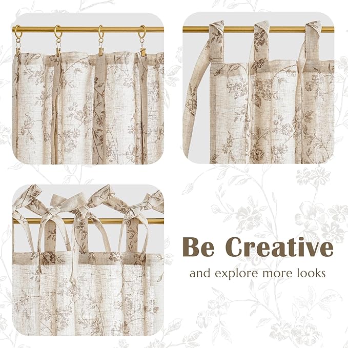 jinchan Floral Kitchen Curtains 24 Inch Linen Tier Curtains Farmhouse Cafe Half Window Drapes Over Sink Light Filtering Taupe on Beige for Living Room Laundry Tie Top 2 Panels