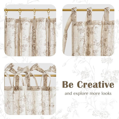 jinchan Floral Kitchen Curtains 24 Inch Linen Tier Curtains Farmhouse Cafe Half Window Drapes Over Sink Light Filtering Taupe on Beige for Living Room Laundry Tie Top 2 Panels