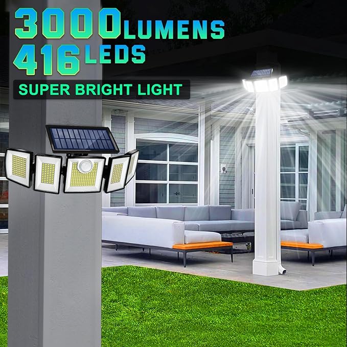 Solar Lights Outdoor Waterproof Motion Sensor - 416 LEDs 3000 Lumens Super Bright 3 Brightness 3 Modes 2400mAh 360° Illumination 32ft Solar Flood Security Light for Outside (2, 13.7x4.3x5inch)
