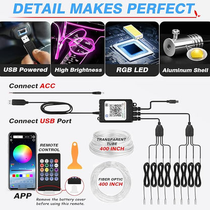 MICTUNING Car LED Interior Strip Light, 8 in 1 RGB Multicolor with 400 inches Fiber Optic Ambient Lighting Kits with Remote and APP Control, Car USB LED Strip Lights with Music Sync Mode