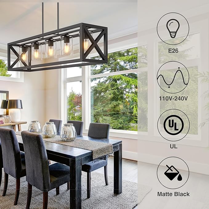 Farmhouse Dining Room Light Fixture - 5 Light Matte Black Rectangle Light Fixture with Adjustable Height & Thickened Metal Dining Table Fixture Chandeliers for Dining Room&Kitchen Island