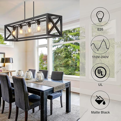Farmhouse Dining Room Light Fixture - 5 Light Matte Black Rectangle Light Fixture with Adjustable Height & Thickened Metal Dining Table Fixture Chandeliers for Dining Room&Kitchen Island
