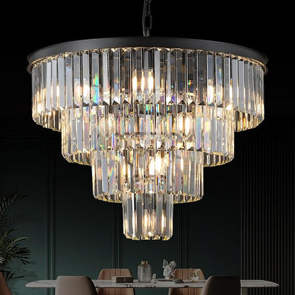 Black Crystal Chandeliers 12 Lights Luxury 24" Round Chandelier 4-Tier Modern Ceiling Pendant Light Fixture K9 Crystal Lighting for Living Room Dining Room Staircase Foyer