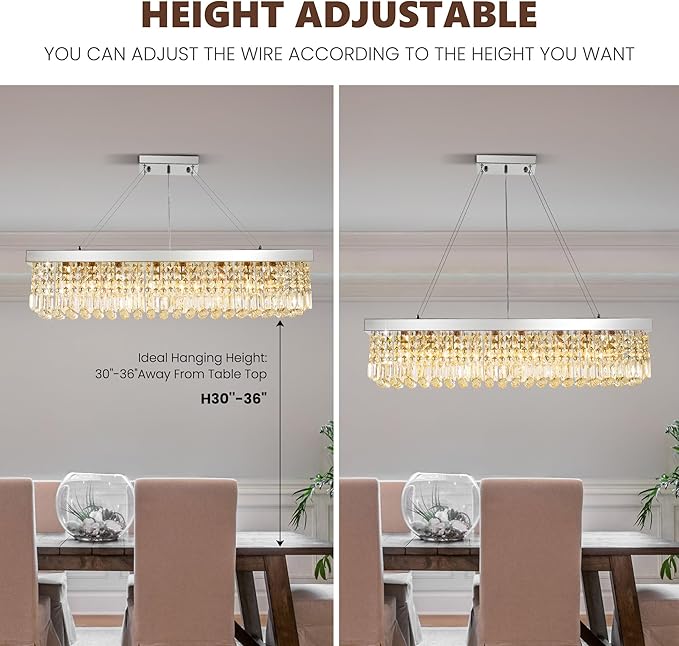 Crystal Chandelier for Dining Room,8-Light Modern Chandeliers,K9 Crystal Rectangle Chandelier,Farmhouse Pendant Light Fixture for Kitchen Island Bar Bedroom L40 x W10 x H10