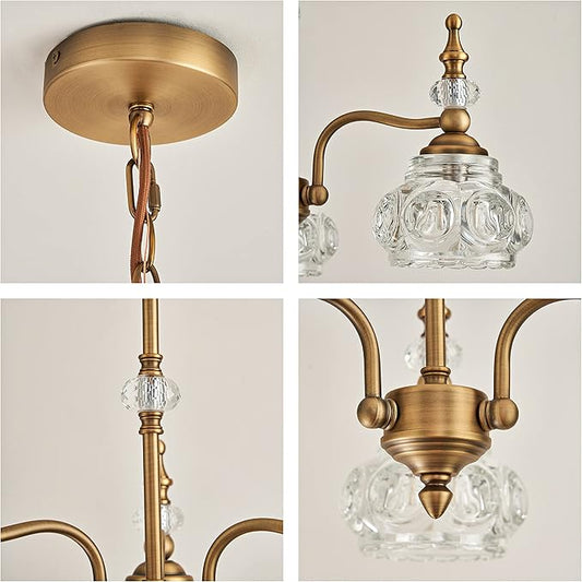 Vintage Pendant Light Fixture, Modern 3 Lights Brass Glass Pendant Lighting Matte Brushed Antique Chandelier Brass Finish with Crystal Glass Shade Vintage Chandeliers for Kitchen Island
