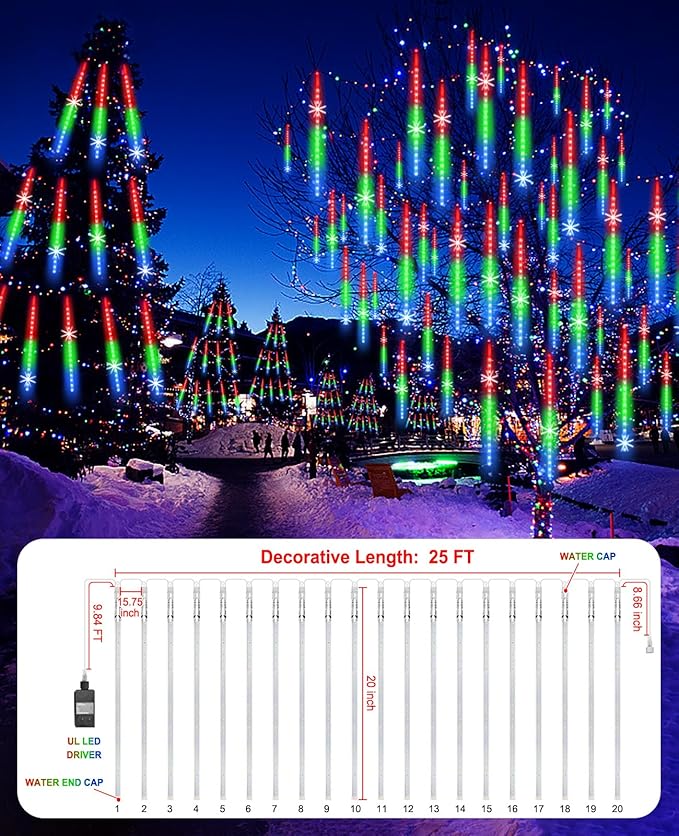 EAGWELL Meteor Shower Lights UL Certified 1080 LEDs 20 Tubes Falling Rain Drop Ramadan Lights Cascading Lights for Xmas Tree Halloween Decorations Wedding Party Holiday Garden Decor, Multicolor