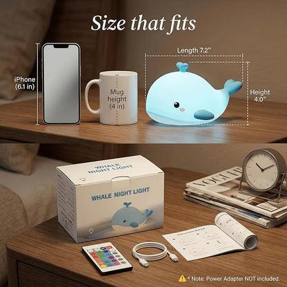 Whale Baby Night Light for Kids with Remote & Timer, Dimmable LED Squishy Soft Silicone Tap Lamp, USB Rechargeable Toddler Bedside Light for Breastfeeding, Kawaii Ocean Nursery Decor Gift