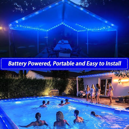 JMEXSUSS 2 Pack Blue Battery Operated Rope Lights Outdoor Waterproof, Total 200LED 66ft 8 Modes Battery Powered String Lights with Remote, Blue Pool Light for Camping Balcony Fence Garden Pool Decor