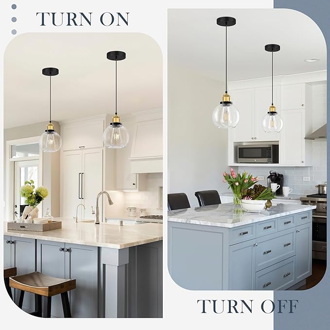 Bagood 6 inch Mini Hanging Pendant Light Contemporary Globe Pendant Lights Kitchen Island Clear Glass with Black Gold Finish Adjustable Hanging Light Fixture for Kitchen Island (Bulb Included)