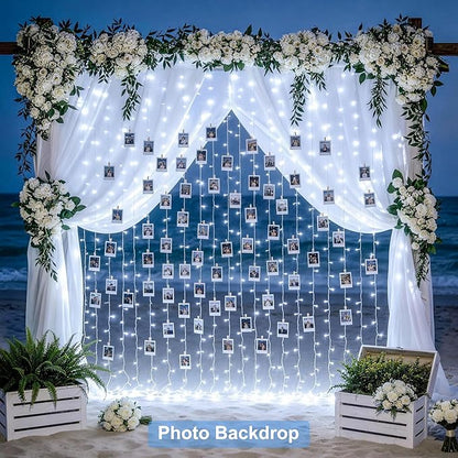 JMEXSUSS 9.5x29.5ft Curtain Lights Indoor Outdoor Decor with Remote, 900LED White Christmas Lights Plug in, Hanging String Lights for Bedroom, Wall, Window, Patio, Garden, Wedding, Reception, Backdrop