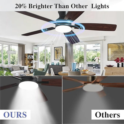 52 Inch Ceiling Fans with Lights and Remote Control, Indoor/Outdoor Flush Mount Low Profile Commercial Reversible Dimmable Ceiling Fans for Living Room Patio Industrial Shop, Black