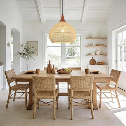 20" Large Rattan Pendant Light, Rattan Chandelier Hand-Woven Boho Pendant Light Fixtures with Solid Wood, Basket Wicker Chandelier for Dining Room Kitchen Island Living Room