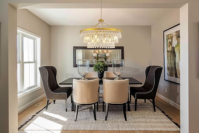 Wellmet 32" Brass Gold Farmhouse Chandelier, Large Modern Crystal Teardrop Chandeliers, Round Light Fixture for Dining Room, Living Room, Bedroom, Kitchen, Hallway, Closet