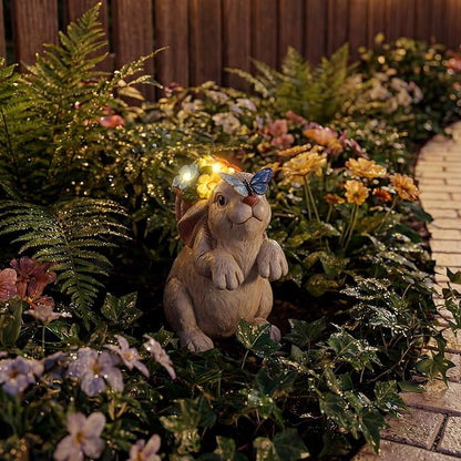 PETAFLOP Solar Garden Statues Outdoor Decor, Rabbit with Flower Basket & Butterfly Birthday for Patio Balcony Backyard Lawn Yard Decorations, Housewarming Gifts for Women, Mom, Grandma