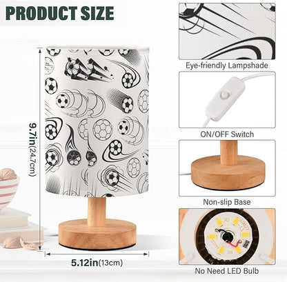 Table Lamp Black and White Soccer Ball Sport Theme American Football Pattern Nightstand Lamp with Wood Base Fabric Lamp Shade Bedside Desk Lamp for Living Room Bedroom Kids Room Office