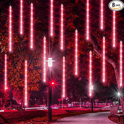 Dazzle Bright 288 LED Christmas Light, 11.8 Inch Meteor Shower Rain Lights with 8 Tubes，Waterproof Plug in Falling Rain Lights Christmas Decorations for Xmas Bushes Tree Yard Party (RED)