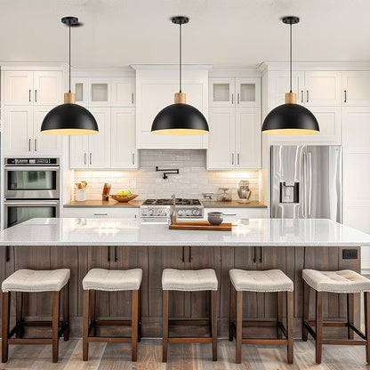 Black Solid Wood Pendant Light, 16in Modern Matte Black Pendant Lights Fixtures Adjustable Farmhouse Hanging Lighting,for Kitchen Island Dining Room Barn Office