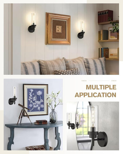 Emak Black Wall Sconces Set of Two, Modern Vanity Lights with Clear Glass Shade, Wall Lights for Bathroom, Bedroom, Living Room, Hallway, WS085-BK-2PK