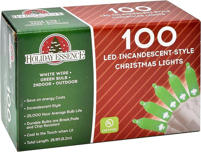 Holiday Essence - 100 LED Green Christmas Lights Set 26.9 Ft White Wire Indoor & Outdoor Holiday Décor for Christmas Tree St. Patrick's Day Easter Traditional Decoration UL Certified