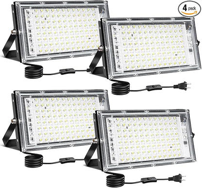 LED Flood Lights, 4 Pack 100W Outdoor Floodlights with Plug, 10000 Lumens 6500K Super Bright Plug in Flood Light, IP66 Waterproof Exterior Security Lights for Garden, Yard, Garage, Porch, Playground