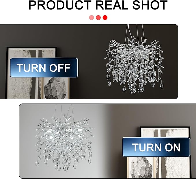 Modern Crystal Tree Branches Chandelier, 18in Silver 6 Lights Large Ceiling Hanging Light for Dining Room, Round Raindrop Pendant Light Fixture