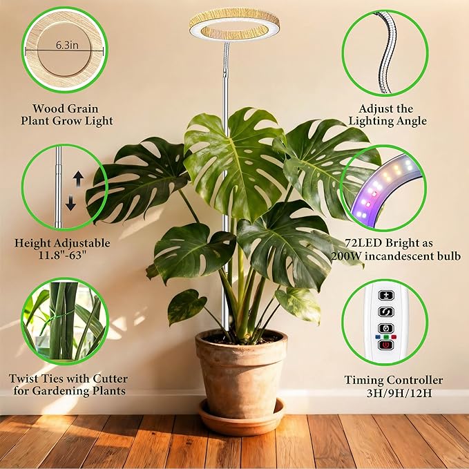 Grow Lights for Indoor Plants Full Spectrum,6.3" LED Wood Grain Plant Grow Light,9.8-65in Height Adjustable Plant Lights Growing Lamp with Auto Timers 3H/9H/12H,10 Dimmable Levels (Wood Grain 2 Pack)