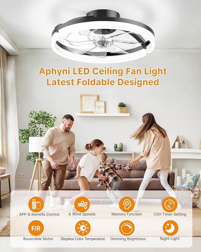 Ceiling Fans with Lights and Remote Low Profile Flush Mount LED Ceiling Fan with Lights 3000K-6500K Dimmable Foldable Fandelier Light 6 Wind Speeds Night Light for Bedroom Living Room Black