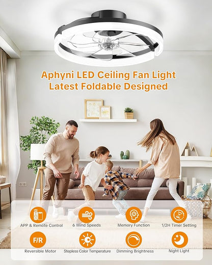 Ceiling Fans with Lights and Remote Low Profile Flush Mount LED Ceiling Fan with Lights 3000K-6500K Dimmable Foldable Fandelier Light 6 Wind Speeds Night Light for Bedroom Living Room Black