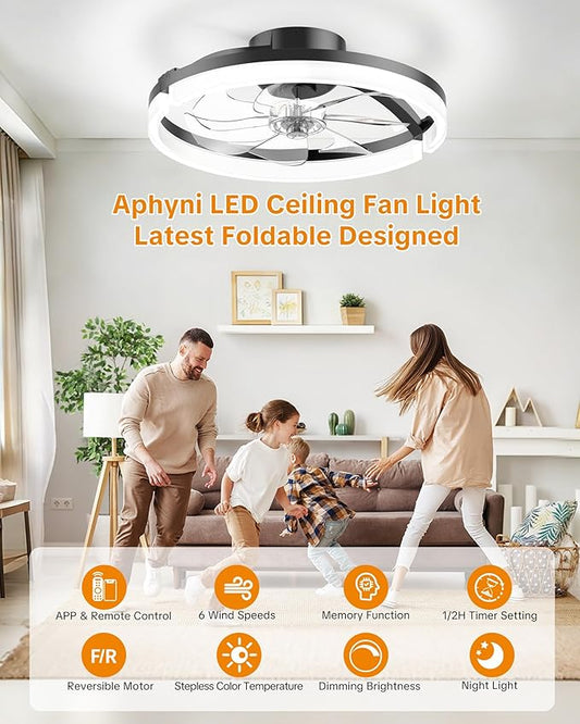Ceiling Fans with Lights and Remote Low Profile Flush Mount LED Ceiling Fan with Lights 3000K-6500K Dimmable Foldable Fandelier Light 6 Wind Speeds Night Light for Bedroom Living Room Black