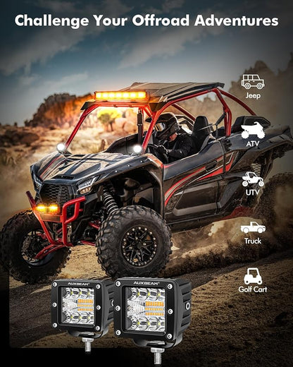Auxbeam 6 Modes Amber White Series LED Cubes, 3Inch 72W LED Pods Dual Color Off-Road Strobe Lights, Spot Flood Combo Driving Offroad Ditch Lights Flashing Warning Functional, Pair