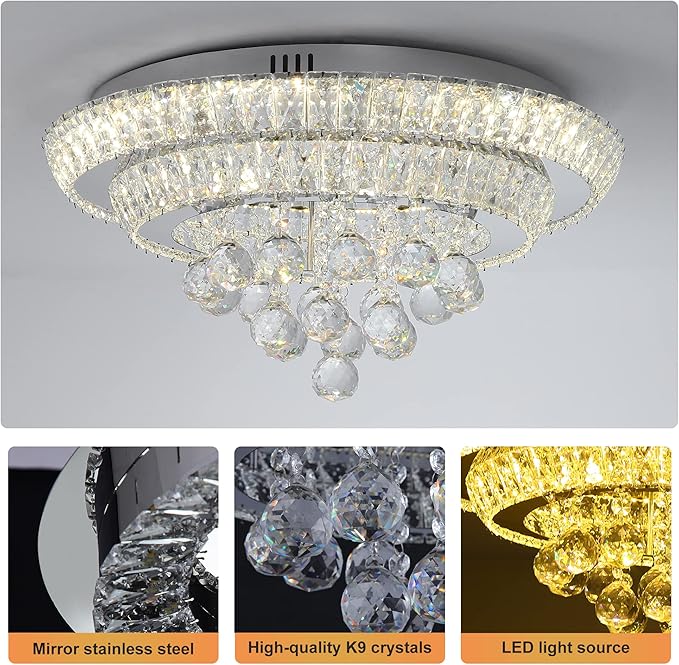 Miuyhji Elegant LED Crystal Raindrop Ceiling Light,20" Flush Mount Chandelier Light Fixture with Remote Control for Living Room Kitchen Island Bathroom Bedroom Hallway Entryway(Dimmable)