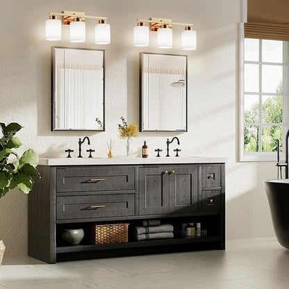 PARTPHONER 3-Light Brushed Gold Bathroom Light Fixtures, Modern Vanity Light Over Mirror Lighting, Wall Sconce with Frosted Milky White Glass Shades for Bedroom Living Room Kitchen Hallway