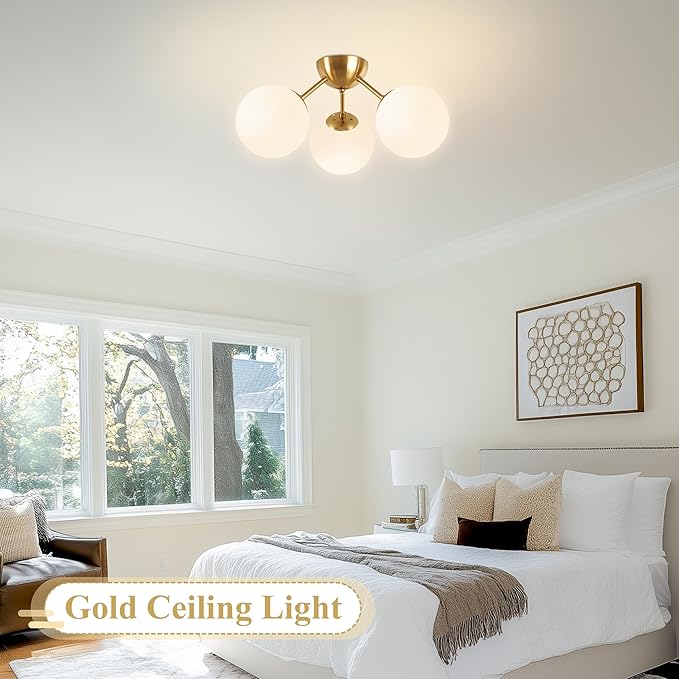 Bagood Mid-Century Modern Semi Flush Mount Ceiling Light 3 Lights Opal Glass Modern Globe Ceiling Light Gold Brass Sputnik Chandeliers for Hallway Entryway Kitchen Bedroom Laundry(Bulb Incl.)