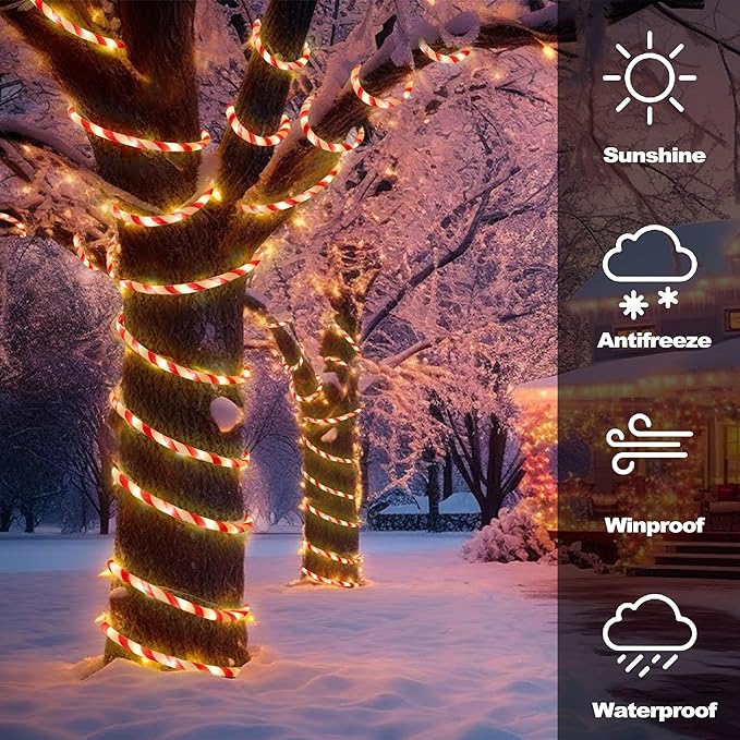 Toodour Christmas Candy Cane Lights, 50ft 360 LED Candy Cane Rope Lights Outdoor with 8 Modes, Connectable, Timer, Waterproof White & Red Christmas Light for Garden Patio Bedroom Party Xmas Decor