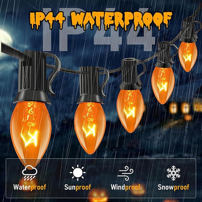 Abeja 25Ft C7 Orange String Lights with 27 Clear Orange Bulbs (2 Spare) - Vintage Halloween String Lights on Black Wire for Patio, Party & Spooky Decor