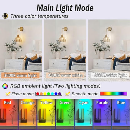 Battery Operated Wall Sconces Set Of Two, Indoor Not Hardwired Battery Wall Light With Remote Control, RGB Color Changing Dimmable Battery Powered Wall Lamp For Bedroom, Easy To Install, Bulb Included