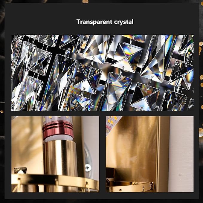 Modern K9 Crystal Wall Sconce, Gold Finish Wall Light Fixture, Acrylic Crystal Drops Wall Lamp Bedside Light 3 Tiers Crystal Wall Lamp for Bedroom Living Room，E12 Base