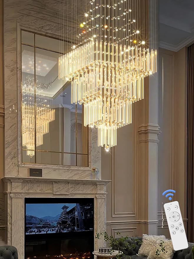Flashing God D32''X H110'' High Ceiling Chandelier Crystal Raindrop Chandeliers Staircase Large Chandelier Villa Entrance Foyer Hanging Light High Ceiling Pendant Light Fixture with LED Dimmable