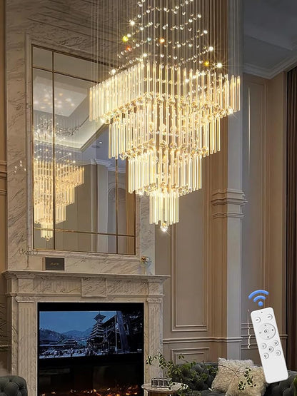 Flashing God D32''X H110'' High Ceiling Chandelier Crystal Raindrop Chandeliers Staircase Large Chandelier Villa Entrance Foyer Hanging Light High Ceiling Pendant Light Fixture with LED Dimmable