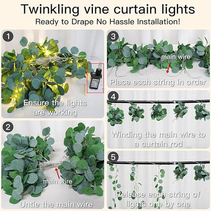 suddus 200 LED Vine with Light Plug in, 6.5ft x 6.5ft Eucalyptus Fairy Curtain Lights with Remote, Leaf Fairy Lights for Wall,Bedroom, Dorm, Wedding, Party, Indoor Decor(Warm White)