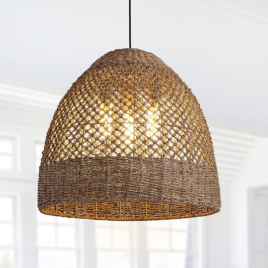 3-Lights Large Rattan Pendant Light Fixtures, 17" Rattan Chandelier Boho Hand Woven Wicker Basket Chandelier for Farmhouses Kitchen Living Room Bedroom Dining Room Foyer