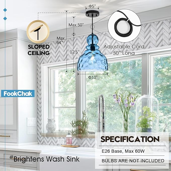 Coastal Pendant Light Blue Hammered Glass Kitchen Island Lights 12in Large Pendant Hanging Light for Dining Room Kitchen Sink Hallway Entrance, E26