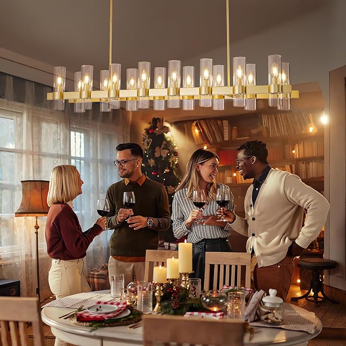Gold Linear Chandeliers for Dining Room, 54" Rectangle Chandelier with Glass, 16-Light Modern Chandeliers Over Table, Farmhouse Chandelier for Kitchen Island, Industrial Pendant Light Fixtures