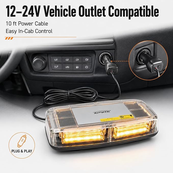 Xprite Amber COB LED Rooftop Strobe Beacon Light, 12V Magnetic Base Warning Caution Light with 19 Flash Patterns for Trucks, Snowplows, Construction Vehicles, Tractors, Golf Carts