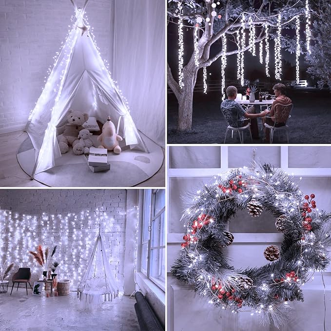 Minetom Fairy Lights Plug in, 10Feet 200LED Cluster String Lights, Silver Wire Waterproof Starry Firecracker Lights for Ceiling Bedroom Wreath Window Wedding Christmas Tree Decorations, Pure White