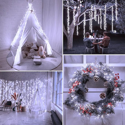 Minetom Fairy Lights Plug in, 10Feet 200LED Cluster String Lights, Silver Wire Waterproof Starry Firecracker Lights for Ceiling Bedroom Wreath Window Wedding Christmas Tree Decorations, Pure White