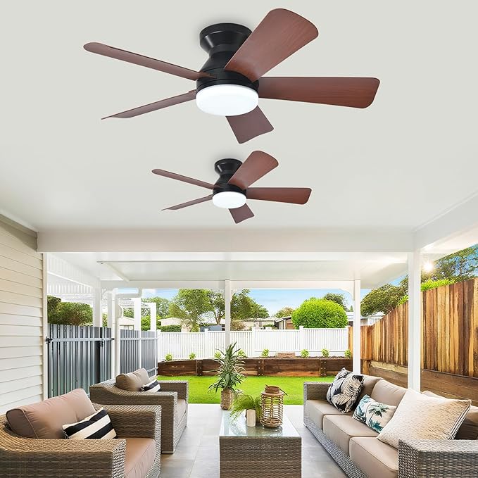 Depuley 35-Inch Ceiling Fan with Light: Walnut 5 Blade Low Profile Small Fans for Kitchen Bedroom - Flush Mount Ceiling Fan for Indoor/Outdoor with Remote Control Reversible Timer - 2 Packs