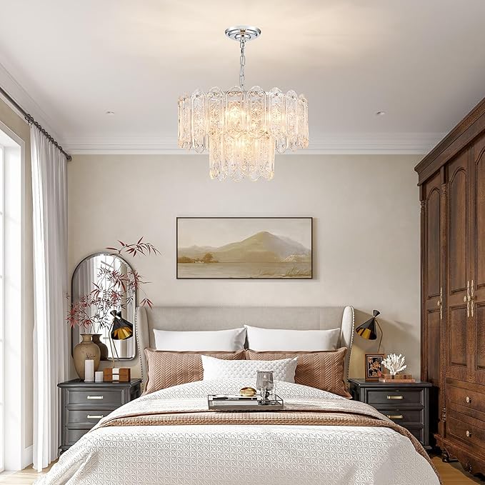 5-Lights Luxury Glass Chandeliers, Mid-Century Modern Chandeliers for Dining Room, D18.5'' × H18.9'', Adjustable Height (18.9"~51.2"), Chrome Finish Frame & Double Figured Glass Shade