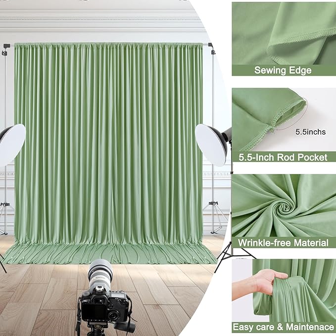 10x10ft Sage Green Backdrop Curtain for Wedding Parties Wrinkle Free Fabric Sage Green Drapes Backdrop Decoration for Baby Shower Birthday Photography Decoration 2 Panels, 5ft x 10ft